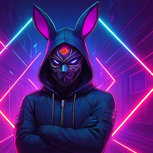 Jisdu, a neon cyberpunk rabbit hacker with arms crossed in a glowing alley